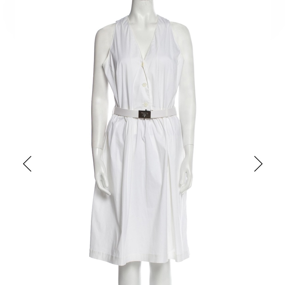 Prada White Sleeveless Midi Shirt Dress with Belt
